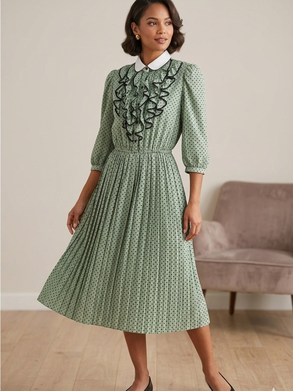 Vintage Japan Made Mint Green Polka Dot Pleated Dress dress
